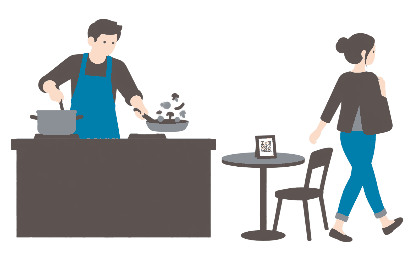 厨房で手が離せない店主と、そのまま帰っていくお客さま。席にはQRコードの立て札がある絵
