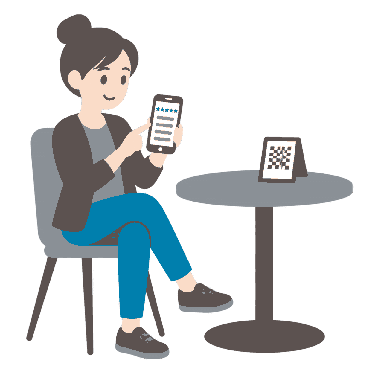 席に座ったお客さまが、スマホに出た口コミの下書きを見ている絵